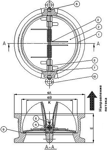 Чертеж Обратный клапан ABRA-D-122-EN Ду40 Ру16 двустворчатый межфланцевый