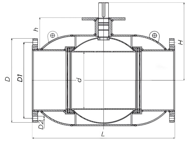 Эскиз размеров крана шарового Also КШ.Ф.П.Р.125.16-01 Ду125 Ру16 полнопроходной, фланцевый