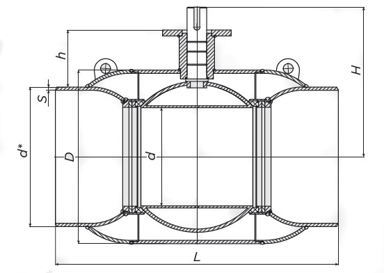 Эскиз размеров крана шарового Also КШ.П.Р.125.25-01 Ду125 Ру25 стандартнопроходной, под приварку