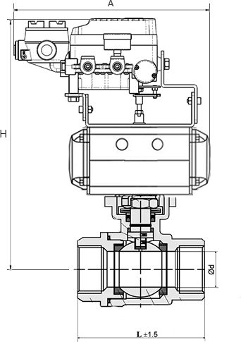 Кран шаровый DN.RU КШМП.316.230-ISO Ду25 Ру63 SS316 нержавеющий, полнопроходной, муфтовый, с пневмоприводом DN.RU-DA-065 двойного действия, с электропневматическим поворотным позиционером DN.ru YT-1000RSN без обратной связи