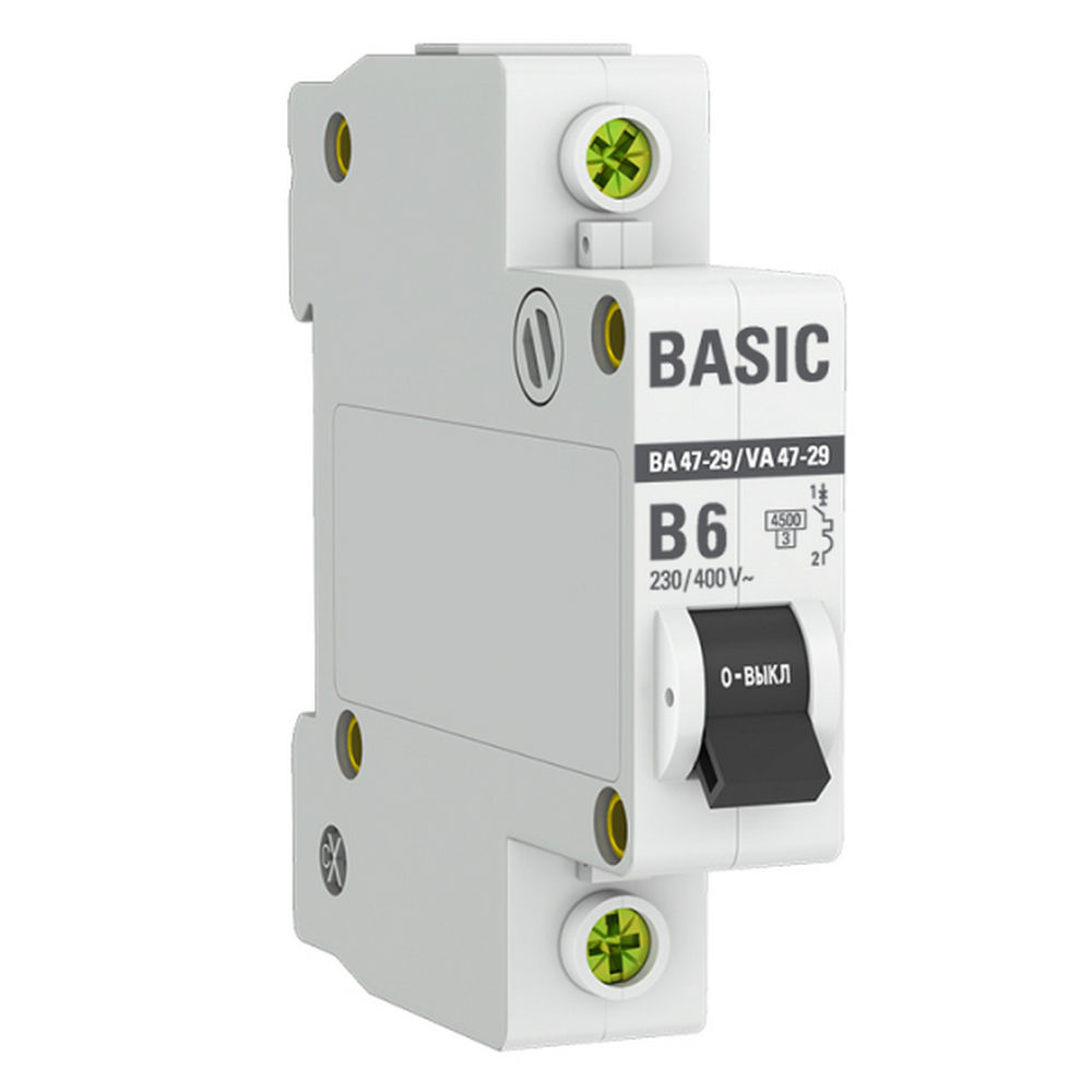 Автоматический выключатель однополюсный EKF Basic ВА47-29 1P 6А (B) 4.5kА, сила тока 6 А, тип расцепления B, отключающая способность 4.5 kА