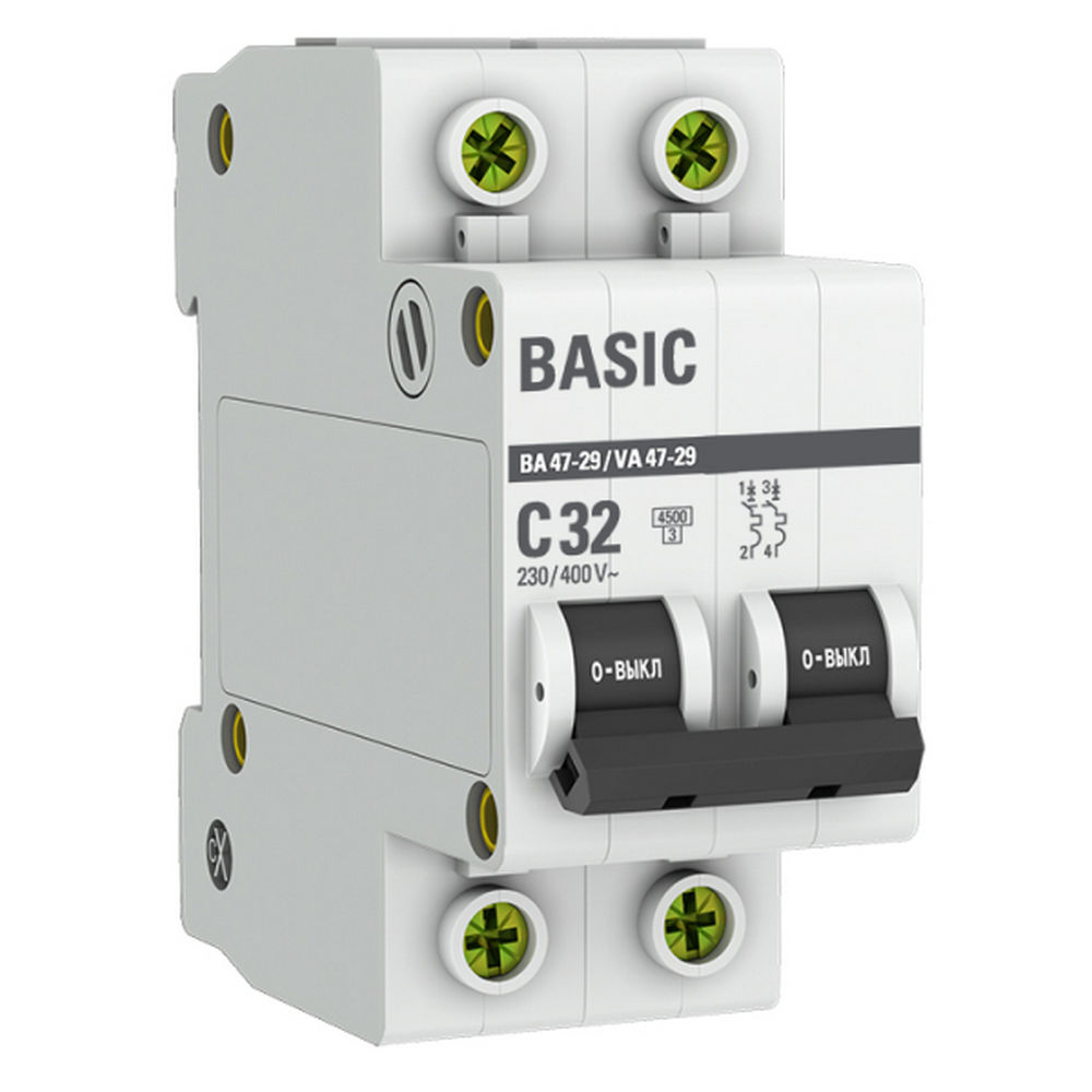 Автоматический выключатель двухполюсный EKF Basic ВА47-29 2P 32А (C) 4.5kА, сила тока 32 А, тип расцепления C, отключающая способность 4.5 kА