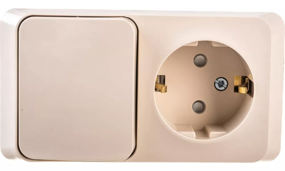 Блок комбинированный Systeme Electric Этюд BPA16-201 выключатель одноклавишный+розетка с заземлением и шторками, сила тока 10А, IP20, цвет - бежевый