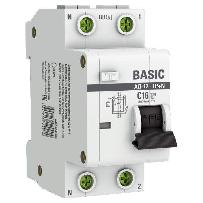Автоматический выключатель дифференциального тока двухполюсный EKF Basic АД-12 С16 АС30 1P+N, ток утечки 30 мА, переменный, сила тока 16 А