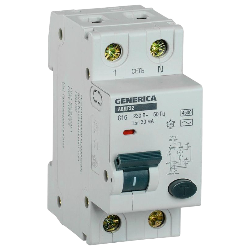 Автоматический выключатель дифференциального тока двухполюсный IEK АВДТ 32 Generica С 4.5кА 1P+N 16А, ток утечки 30 мА переменный, сила тока 16 А