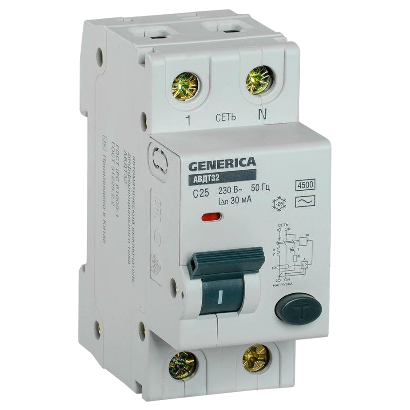 Автоматический выключатель дифференциального тока двухполюсный IEK АВДТ 32 Generica С 4.5кА 1P+N 25А, ток утечки 30 мА переменный, сила тока 25 А