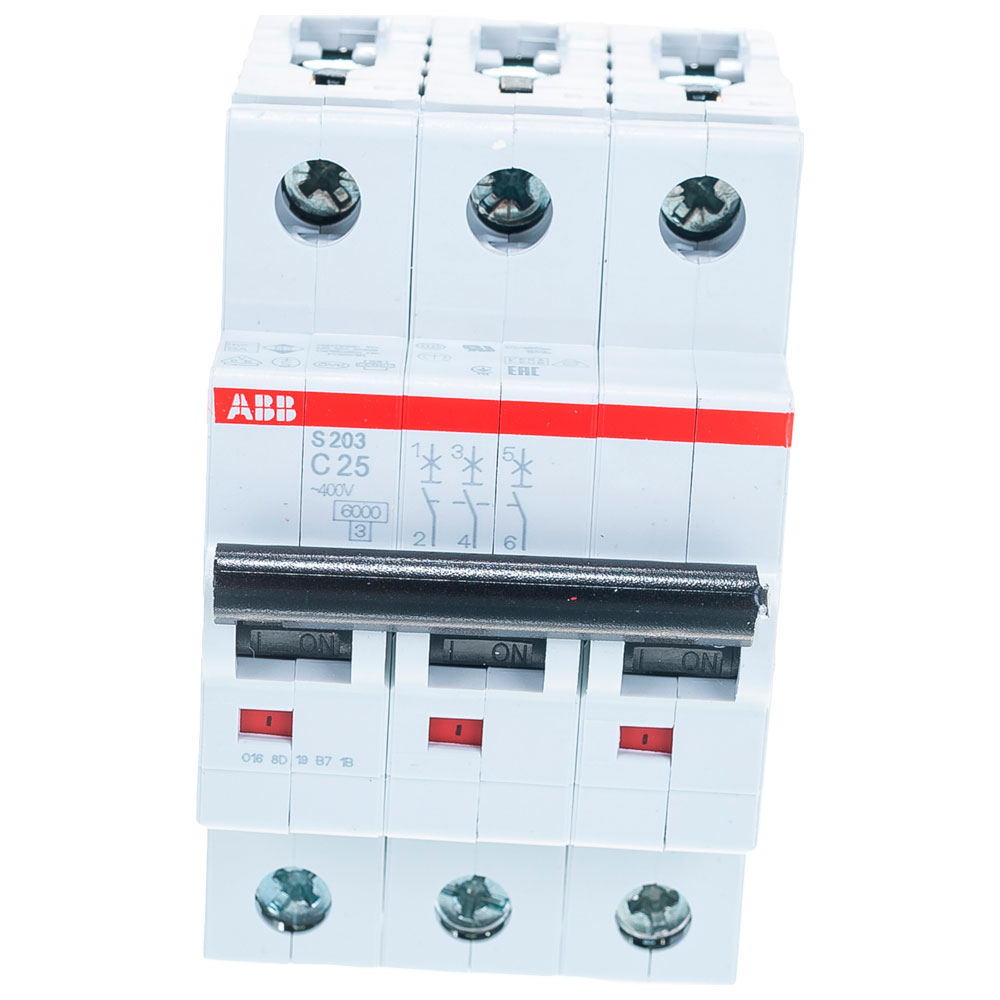 Автоматический выключатель трехполюсный ABB S203 3P 25А (С) 6kА, сила тока 25 А, тип расцепления C, отключающая способность 6 kА