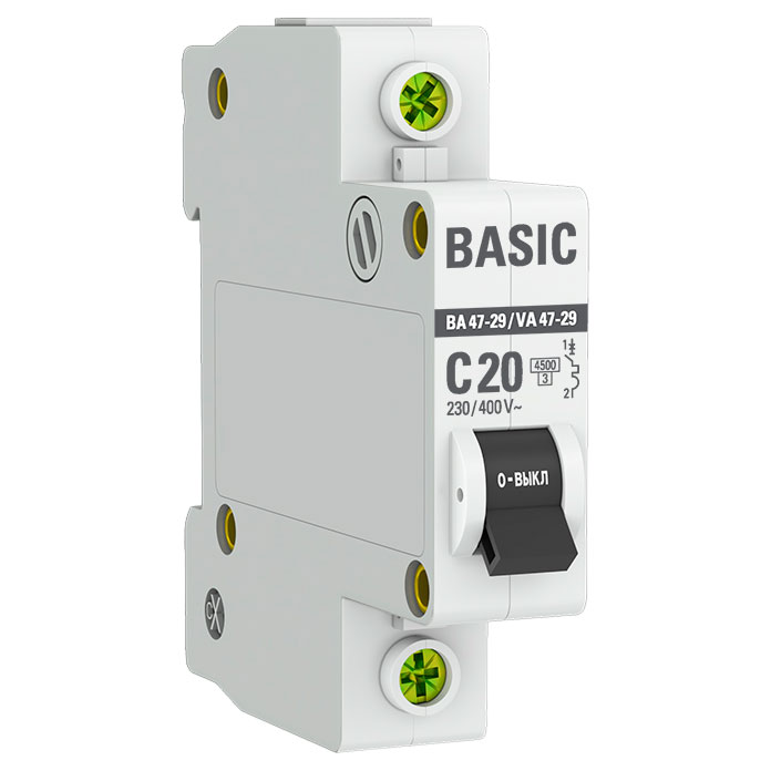 Автоматический выключатель однополюсный EKF Basic ВА47-29 1P 20А (С) 4.5kА, сила тока 20 А, тип расцепления С, отключающая способность 4.5 kА