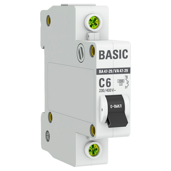 Автоматический выключатель однополюсный EKF Basic ВА47-29 1P 6А (С) 4.5kА, сила тока 6 А, тип расцепления С, отключающая способность 4.5 kА