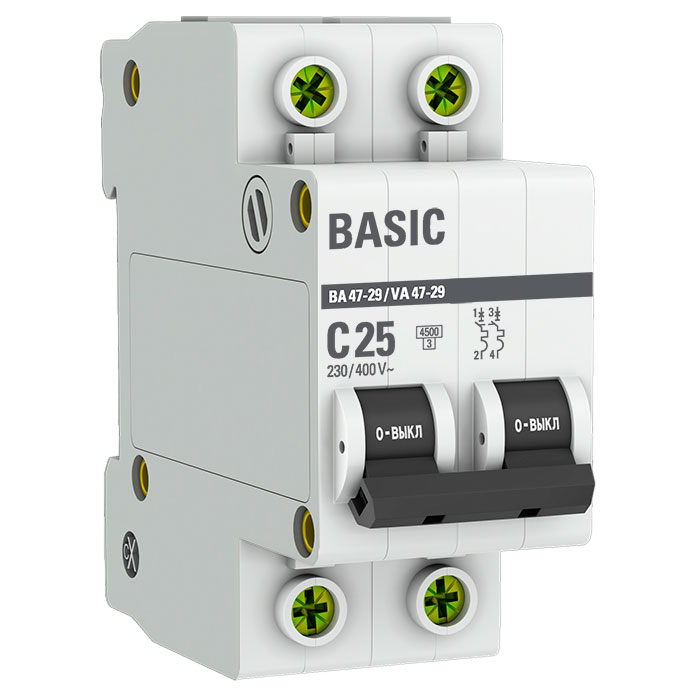 Автоматический выключатель двухполюсный EKF Basic ВА47-29 2P 25А (С) 4.5kА, сила тока 25 А, тип расцепления С, отключающая способность 4.5 kА