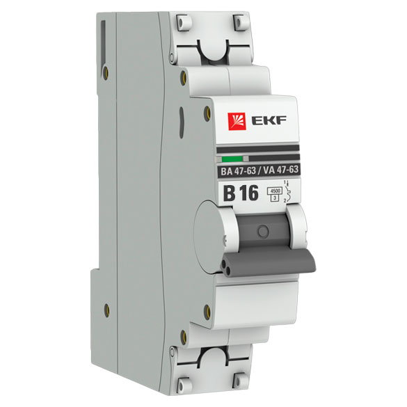 Автоматический выключатель однополюсный EKF PROxima ВА47-63 1P 16А (B) 4.5kА, сила тока 16 А, тип расцепления B, отключающая способность 4.5 kА