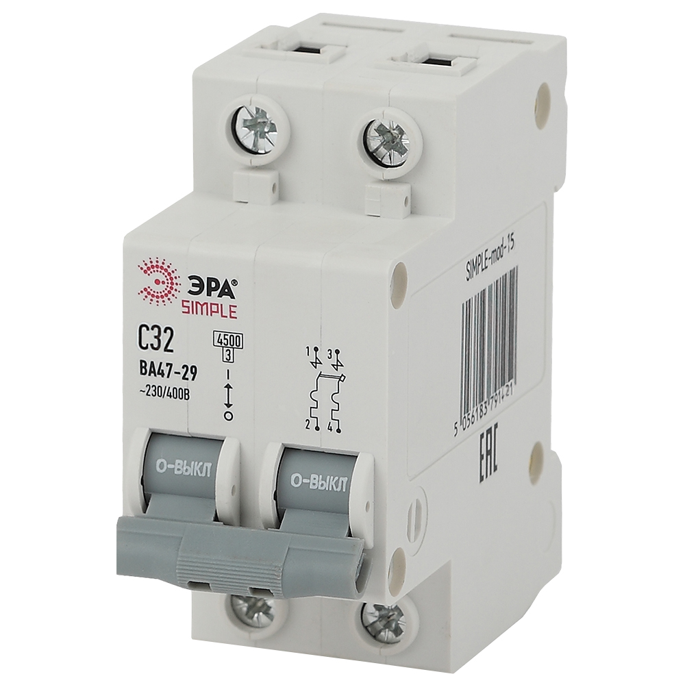 Автоматический выключатель переменного тока двухполюсный ЭРА ВА47-29 SIMPLE 2P 32A (C) 4.5kA, тип расцепления C, сила тока 32 А