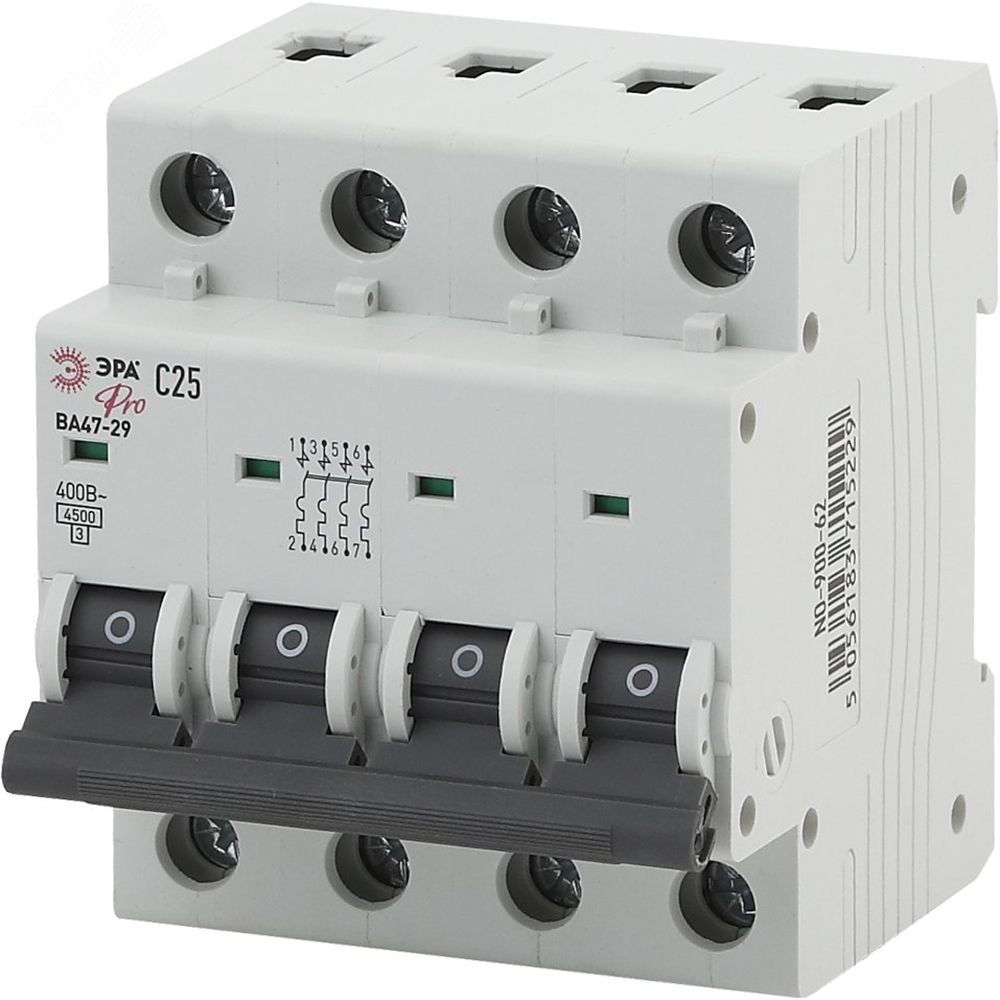 Автоматический выключатель четырехполюсный ЭРА PRO ВА47-29 4P (C) 63 А, сила тока 63 А, отключающая способность 4,5 kА, тип расцепителя C