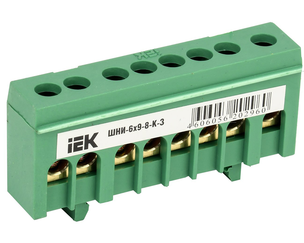 Шина нулевая IEK PE земля 6х9-8, зеленый корпусный изолятор на DIN-рейку, 8 отверстий, латунь