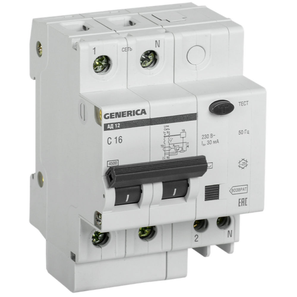 Автоматический выключатель дифференциального тока двухполюсный IEK GENERICA АД12 С16 АC30 2P, сила тока 16 А, переменный, тип расцепления C, отключающая способность 4.5 kА