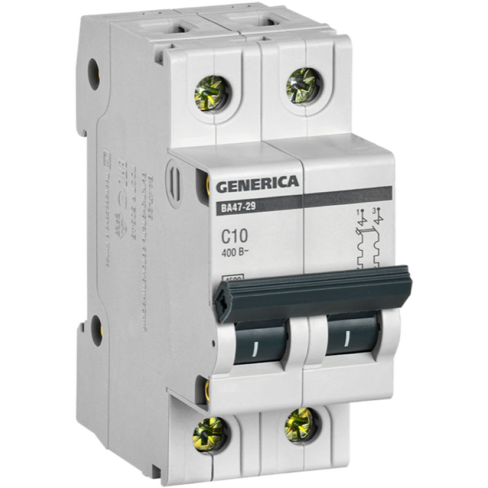 Автоматический выключатель двухполюсный IEK Generica ВА47-29 2Р 10А (C) 4.5кА, переменный/постоянный, сила тока 10 А