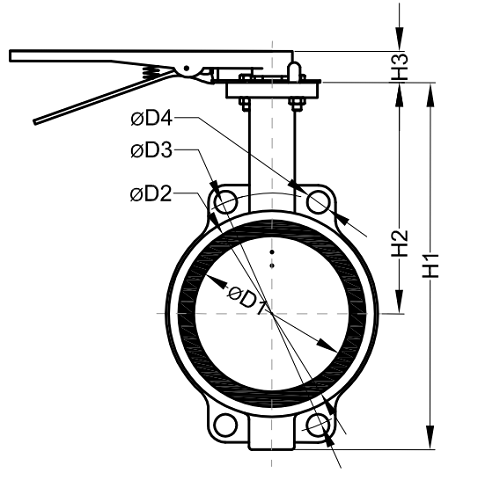 Затвор поворотный дисковый Kvant Ду65 Ру16 межфланцевый, уплотнение PTFE, диск - нержавеющая сталь (316), корпус - углеродистая сталь 