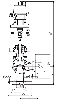 Чертеж Клапан регулирующий угловой КРУ 26ч945нж Ду125 Ру16 с приводом ST