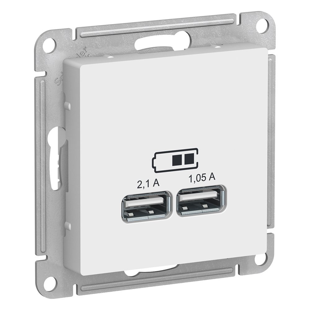 Розетка Systeme Electric AtlasDesign USB 2-местная для скрытой установки 5В/2.1 А, 2х5В/1.05 А, механизм, белая