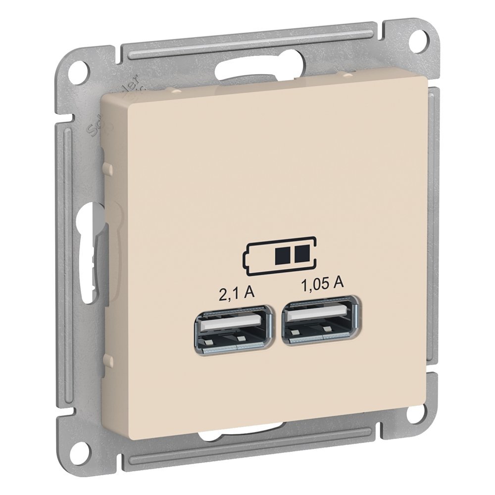 Розетка Systeme Electric AtlasDesign USB 2-местная для скрытой установки 5В/2.1 А, 2х5В/1.05 А, механизм, бежевая