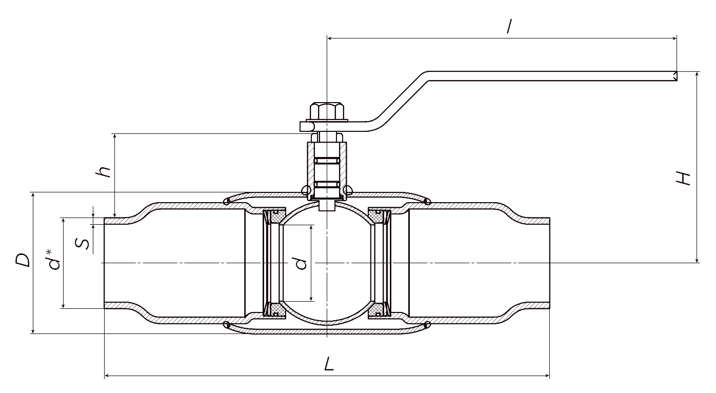 Кран шаровой ALSO КШ.П.П.GAS.125.25-01 Ду125 Ру25 полнопроходной, присоединение - под приварку, корпус - сталь 20, уплотнение - PTFE, управление - ручка-рычаг