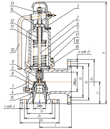 Клапан предохранительный Арма-Пром 17с28нж Ду50x80 Ру16 полноподъемный пружинный угловой, корпус - сталь, тип присоединения - фланцевое, с настройкой диапазона давления 7-10 Мпа