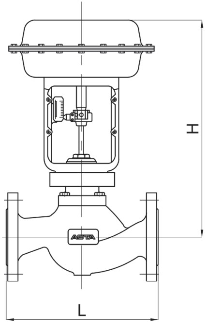 Клапан регулирующий АСТА Р123-CM-1 Ду20 Ру25, фланцевый неразгруженный, корпус – высокопрочный чугун, Тmax=220°C, с пневмоприводом ППМ350 (0.8-2.4)