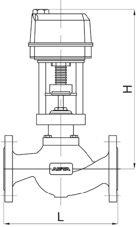 Клапан регулирующий АСТА Р123-CM-2 Ду100 Ру16, фланцевый разгруженный, корпус – высокопрочный чугун, Тmax=220°C, с пневмоприводом ППМ560 (0.8-2.4)