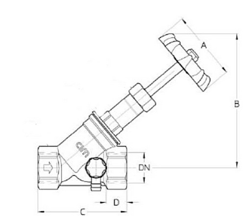 Клапан запорный Cimberio 62CRNL 1/2″ Ду15 Ру20 внутренняя резьба, с наклонным штоком, с пружинным обратным клапаном и сливным краном, корпус - латунь CR