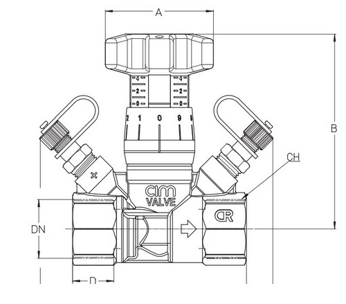 Клапан балансировочный Cimberio 787DP 1″ Ду25 Ру25 ручной  Kvs=4,08 внутренняя резьба, с тройником для трубки, корпус - латунь CR 