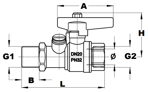 Кран шаровой Cimberio CIM 262RS 3/4″ Ду20 Py40 НР-ВР для периферийных модулей, полнопроходной с измерительными ниппелями, корпус - латунь