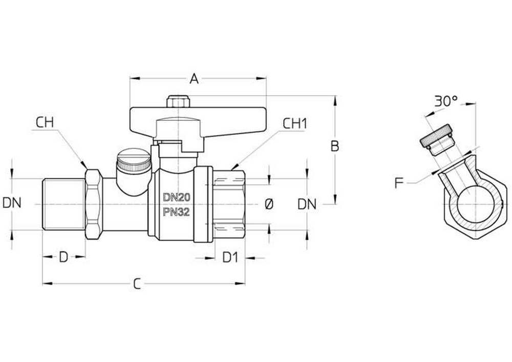 Краны шаровые Cimberio CIM262BL Ду20 Ру32 серии T12, полнопроходные, для второстепенных термомодулей с измерительными штуцерами, корпус - латунь CW602N-M, уплотнение PTFE, присоединение - внутренняя-наружная резьба, управление - ручка бабочка