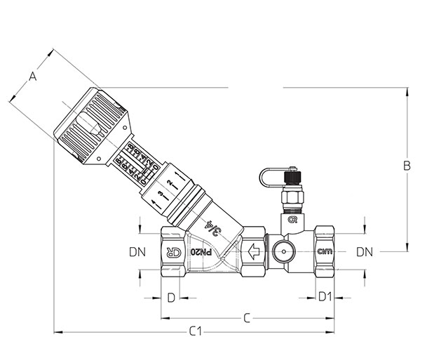 Клапан балансировочный Cimberio 737 2″ Ду50 Ру20 ручной, с измерительными ниппелями, латунный