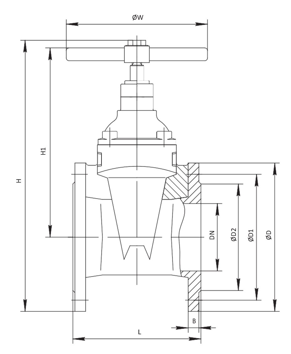 Задвижка клиновая Dendor 47GV.111121.3021.21.40000 Ду50 Ру16 с обрезиненным клином, чугунная, уплотнение - EPDM, фланцевая, со штурвалом и механическим указателем положения