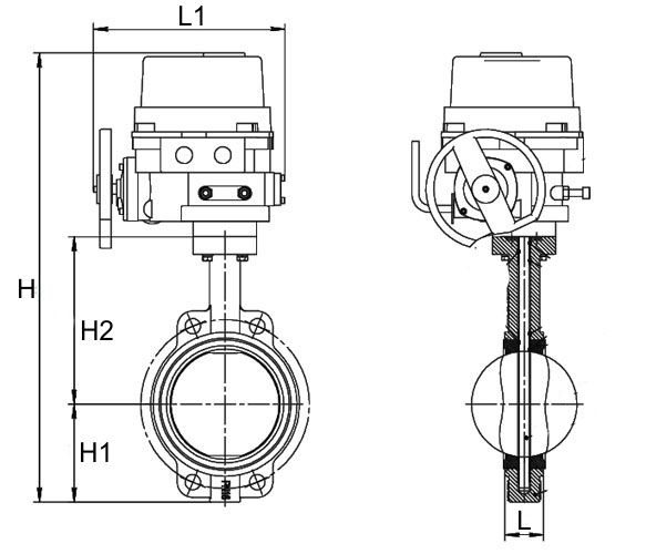 Затвор дисковый поворотный Dendor 017W Ду65 Ру10/16 межфланцевый, корпус - чугун, диск - чугун, уплотнение - EPDM,с электроприводом неполнооборотным QT 380В