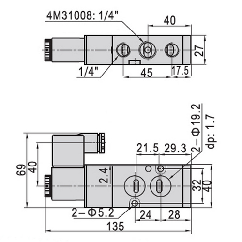 Краны шаровые нержавеющие 3-ходовые L-тип стандартнопроходные DN.ru RP.SS316.200.MM.010(-100)-ISO Ду10-100 Ру63, муфтовые с ISO фланцем с пневмоприводами DN.ru-SA, пневмораспределителем 4M310-08 24В и блоком концевых выключателей APL-210N