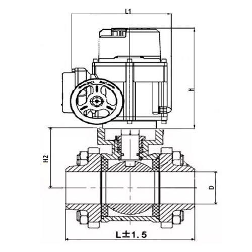 Кран шаровой DN.ru КШПП 316.200-ISO Ду80 Ру63 SS316 полнопроходной под приварку, корпус - нержавеющая сталь с 1/4-оборотным электроприводом DN.ru QT-W (M) EX-005 220В