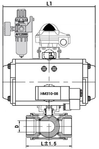 Кран шаровой нержавеющий 3-ходовой L-тип стандартнопроходной DN.ru RP.SS316.200.MM.032-ISO Ду32 Ру63 SS316 муфтовый с ISO фланцем, пневмоприводом SA-065, пневмораспределителем 4M310-08 24 В, БКВ APL-210N и БПВ AFC2000