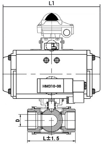 Кран шаровой нержавеющий 3-ходовой T-тип стандартнопроходной DN.ru RP.SS316.200.MM.010-ISO Ду10 Ру63 SS316 муфтовый, пневмоприводом SA-052, пневмораспределителем 4M310-08 220В и блоком концевых выключателей APL-410N EX