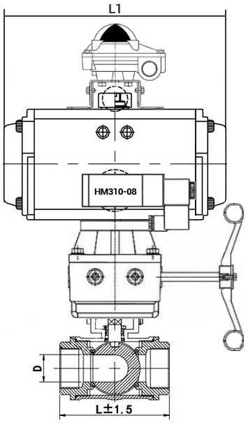 Кран шаровой нержавеющий 3-ходовой L-тип стандартнопроходной DN.ru RP.SS316.200.MM.050-ISO Ду50 Ру63 SS316 муфтовый, пневмоприводом SA-083, пневмораспределителем 4M310-08 24В, БКВ APL-210N и ручным дублером HDM-2