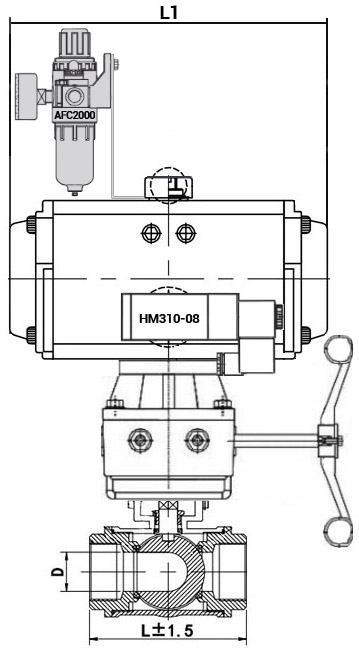Кран шаровой нержавеющий 3-ходовой T-тип стандартнопроходной DN.ru RP.SS316.200.MM.080-ISO Ду80 Ру63 SS316 муфтовый с ISO фланцем, пневмоприводом DA-083, пневмораспределителем 4M310-08 220 В, ручным дублером HDM-2 и БПВ AFC2000