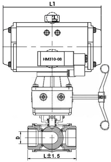 Кран шаровой нержавеющий 3-ходовой T-тип стандартнопроходной DN.ru RP.SS316.200.MM.015-ISO Ду15 Ру63 SS316 муфтовый, пневмоприводом DA-065, пневмораспределителем 4M310-08 24В и ручным дублером HDM-1