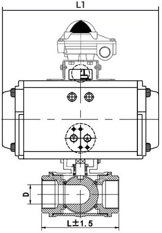 Кран шаровой нержавеющий 3-ходовой T-тип стандартнопроходной DN.ru RP.SS316.200.MM.050-ISO Ду50 Ру63 SS316 муфтовый, пневмоприводом SA-083 и блоком концевых выключателей APL-410N EX