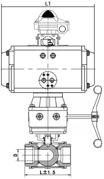 Кран шаровой нержавеющий 3-ходовой T-тип стандартнопроходной DN.ru RP.SS316.200.MM.025-ISO Ду25 Ру63 SS316 муфтовый, пневмоприводом SA-065-10, БКВ APL-210N и ручным дублером HDM-1