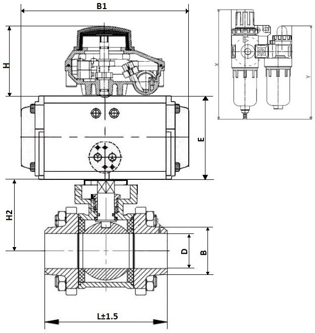 Кран шаровой DN.ru КШПП 316.200-ISO Ду25 Ру63 полнопроходной, нержавеющая сталь SS316, под приварку, с пневмоприводом DN.ru SA-052, пневмораспределителем 4V320-10 AC220V, БКВ APL-210N и БПВ AFC2000