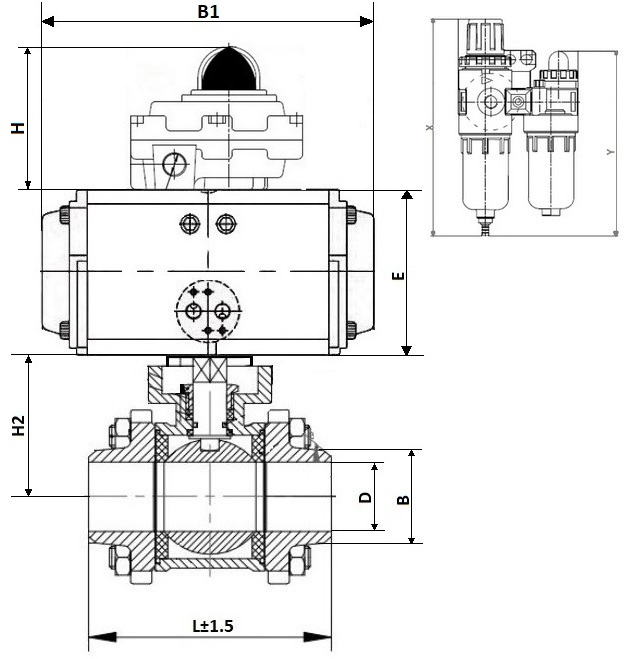 Кран шаровой DN.ru КШПП 316.200-ISO Ду32 Ру63 полнопроходной, нержавеющая сталь SS316, под приварку, с пневмоприводом DN.ru DA-052, пневмораспределителем 4V320-08 AC220V, БКВ APL-410N EX и БПВ AFC2000