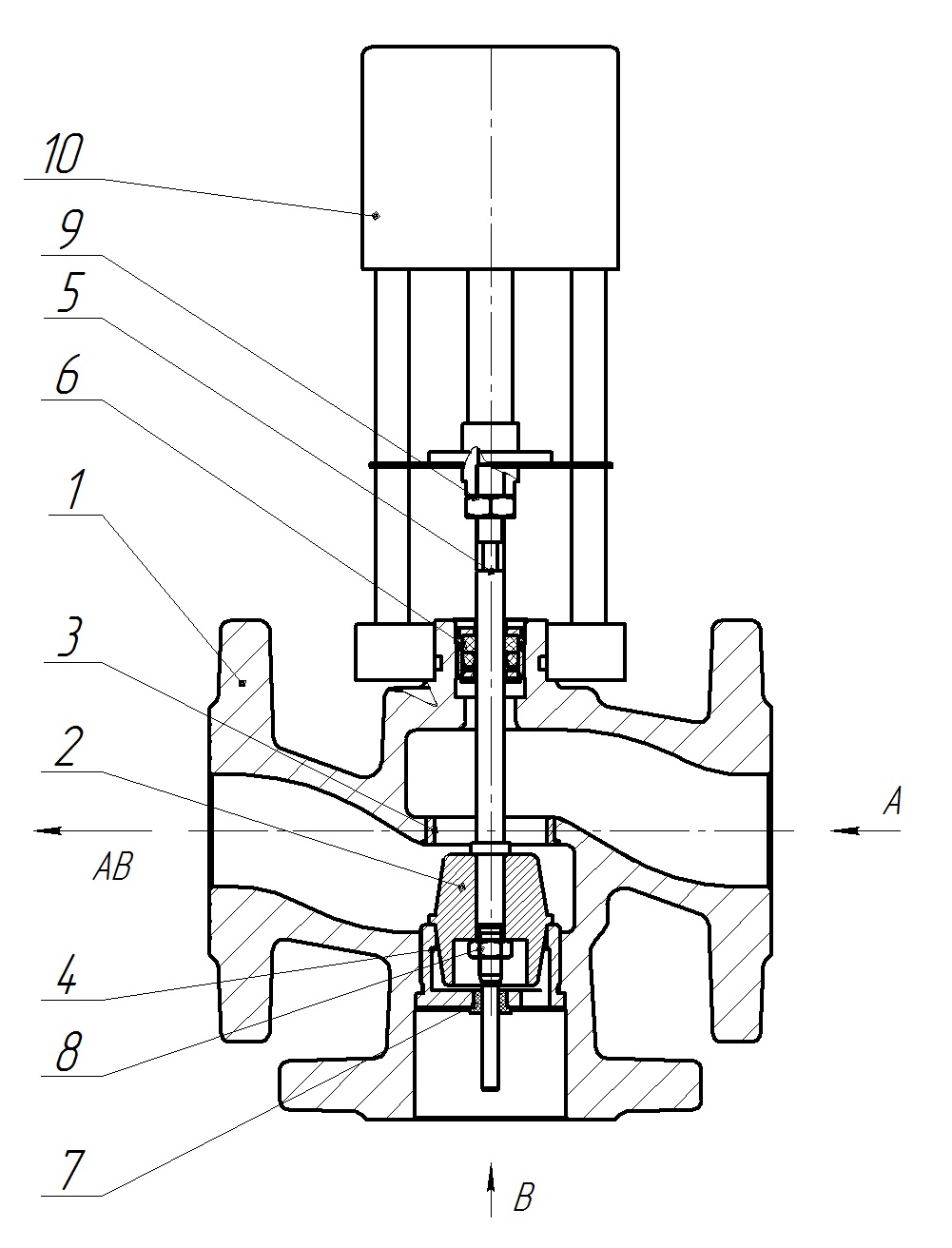 Клапан регулирующий трехходовой смесительный КССР серии 100 Ду32 Ру16 Kvs16 серый чугун СЧ20, фланцевый, Tmax до 150°С с электроприводом Катрабел TW-500-XD220
