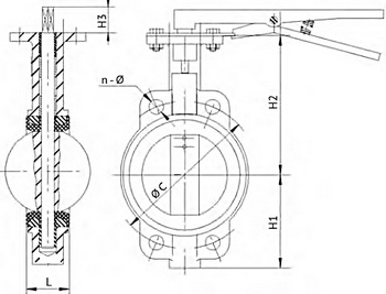 Эскиз Затвор дисковый поворотный DN.ru WBV3432E-2W-Fb-H Ду65 Ру16, корпус -сталь WCB, диск - сталь 316L, уплотнение - EPDM, с рукояткой