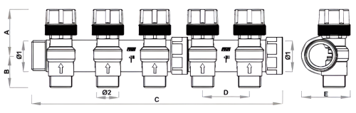 Коллектор терморегулирующий FAR FK3911 Ду25-7х3/4″ Ру10, наружная/внутренняя резьба с 7-ю выходами Ду20 Eurokonus, выходы наружная резьба, корпус латунь