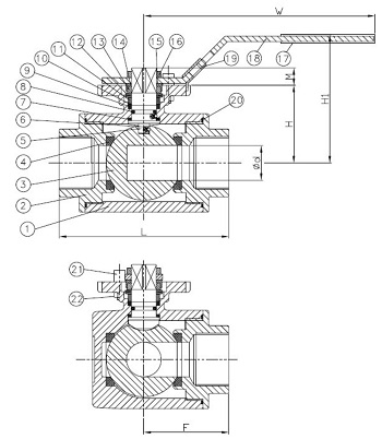 Эскиз Кран шаровой трехходовой Genebre 2040 03 3/8″ Ду10 Ру63, тип L, стандартнопроходной, резьбовой